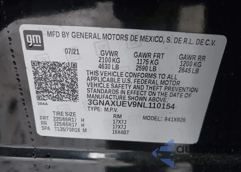 2022 Chevrolet Equinox Awd Lt из США, поврежденный, VIN 3GNAXUEV9NL110154